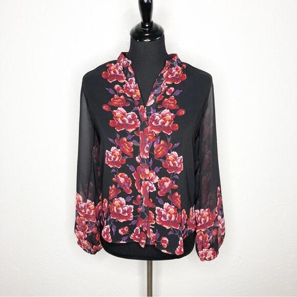 WHBM black red floral sheer button down top size Small Petite SP - Picture 1 of 13